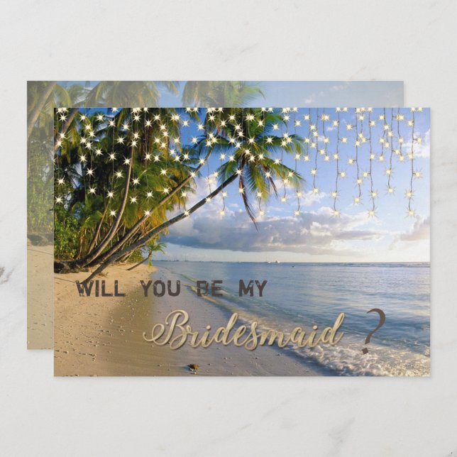 Tropischer Strand, Palm, String Lights Bridesmaid  Einladung (Vorne/Hinten)