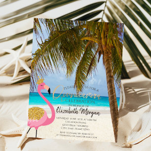 Tropischer Strand, Palme, Flamingo Quinceañera Einladung