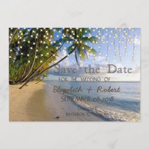 Tropischer Strand, Palme, Lichterkette Merken Sie Save The Date