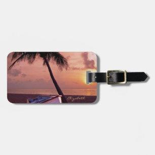 Tropischer Strand, Palme, Sonnenuntergang, Boot - Gepäckanhänger