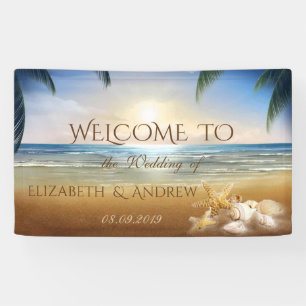 Tropischer Strand, Palmen, Muscheln  Hochzeitsbann Banner