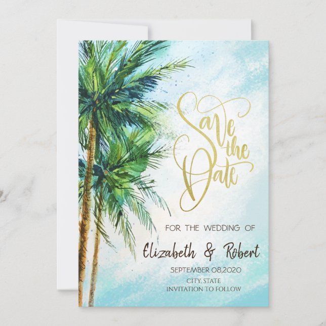 Tropischer Strand, Palmen Save the Date (Vorderseite)