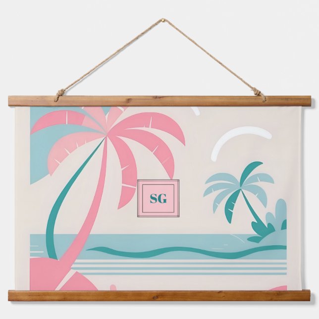 Tropischer Strand rosa aquamarine Palmen Wandteppich Mit Holzrahmen (Vorne)