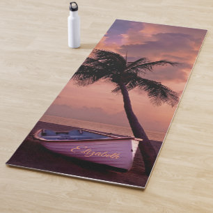 Tropischer Strand, Sand, Palm, Boot, Sonnenunterga Yogamatte