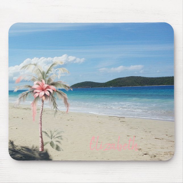 Tropischer Strand, Sand, Palmen, Blume Mousepad (Vorne)