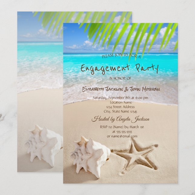 Tropischer Strand, Seastar, Seashell-Verlobung Einladung (Vorne/Hinten)