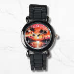 Tropischer Strand Sonnenuntergang Palmen im Wasser Armbanduhr<br><div class="desc">Die Watercolor Tropical Beach Sunset Palm Trees Watches verfügt über einen tropischen Sonnenuntergang mit Palmen Silhouette im Wasser. Erstellt von Evco Studio www.zazzle.com/store/evcostudio</div>