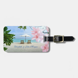 Tropischer Strand, Stuhl, Hawaiianische Blume Gepäckanhänger