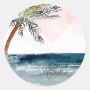 Tropischer Strandpalmen-Monogramm Runder Aufkleber