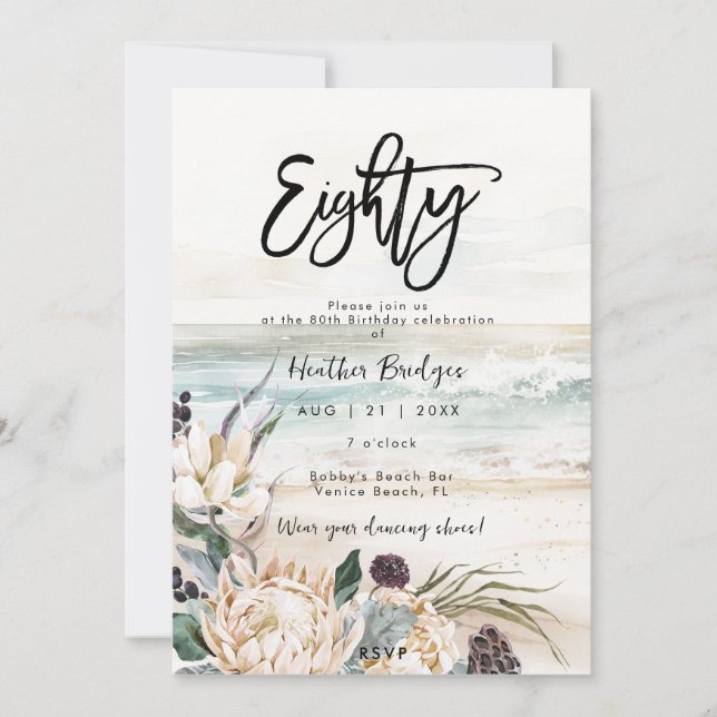 Tropischer Strandprotea 80. Geburtstagsfeier Einla Einladung (Vorderseite)