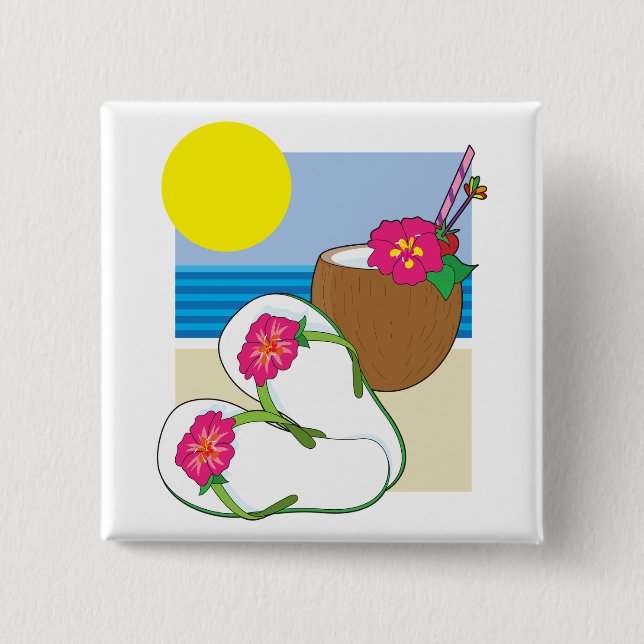 Tropischer Strandurlaub Kokosblüten Flip Flops Button (Vorderseite)