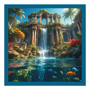 Tropischer Tempelsee Wasserfall Fischsee Fotodruck