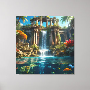 Tropischer Tempelsee Wasserfall Fischsee Leinwanddruck