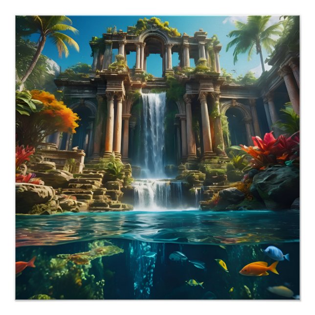 Tropischer Tempelsee Wasserfall Fischsee Poster (Vorderseite)