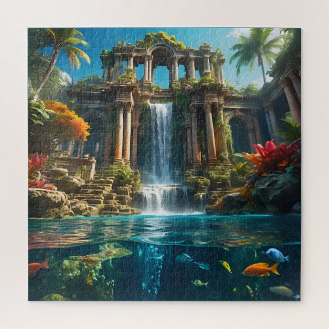 Tropischer Tempelsee Wasserfall Fischsee Puzzle (Vertikal)