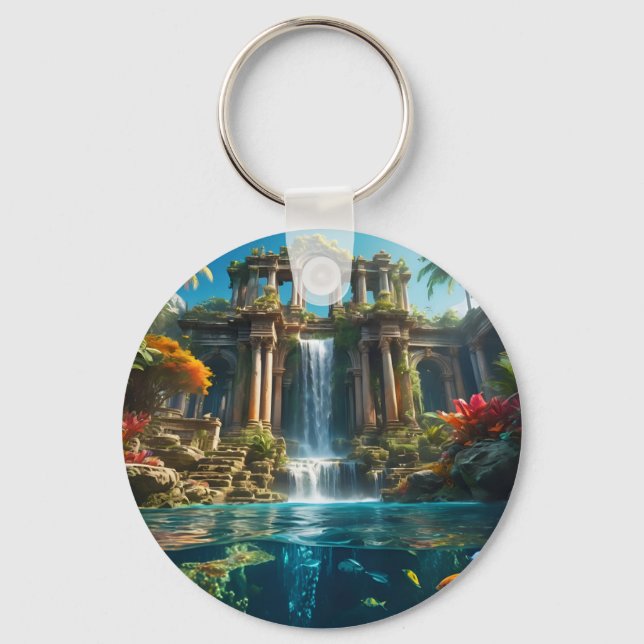 Tropischer Tempelsee Wasserfall Fischsee Schlüsselanhänger (Vorderseite)
