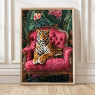 Tropischer Tiger auf rosa Sofa Poster Eklektischer