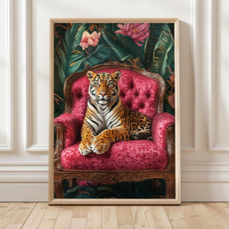 Tropischer Tiger auf rosa Sofa Poster Eklektischer