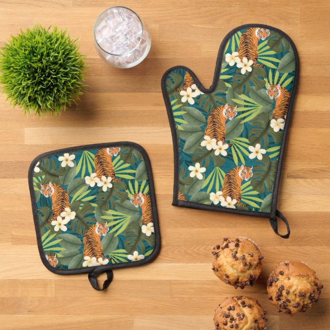 Tropischer Tiger Hawaiian Palm Dschungel Aquamarin Ofenhandschuh & Topflappen-Set (Oben Unten)