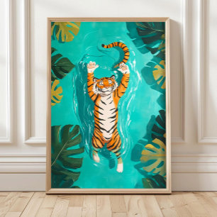 Tropischer Tiger Schwimmt im Fluss Badezimmer Druc Poster