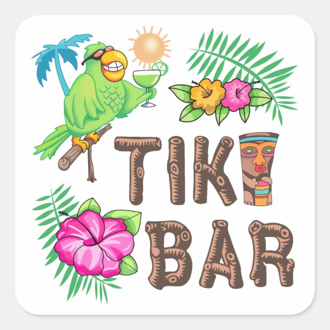 TROPISCHER TIKI-BAR QUADRATISCHER AUFKLEBER (Vorderseite)