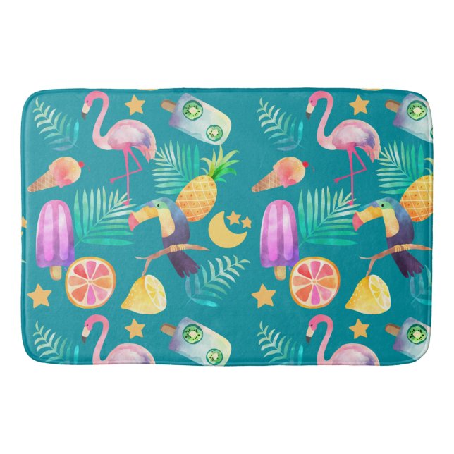 Tropischer Toucan Bird Pink Flamingo Badematte (Vorderseite)
