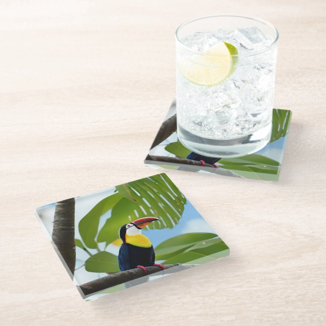 Tropischer Toukan in einem Baum Glasuntersetzer (Schrägansicht)