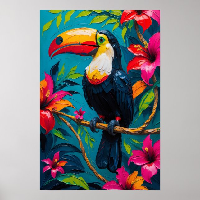 Tropischer Tukan-Vogel mit lebendigen Blumen Poster (Vorne)