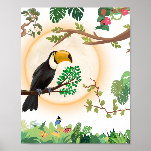 Tropischer Tukane-Vogel & Dschungelblätter Ästheti Poster (Vorne)