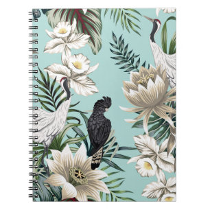 Tropischer Vintage-Kranichvogel, Papagei, Lotusblu Notizblock