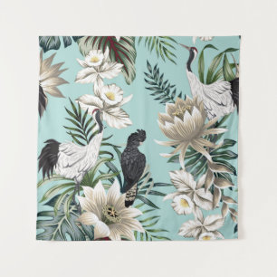 Tropischer Vintage-Kranichvogel, Papagei, Lotusblu Wandteppich