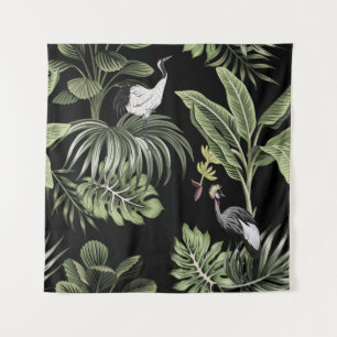 Tropischer Vintage-Nachtkranichvogel, Palmen, Bana Wandteppich