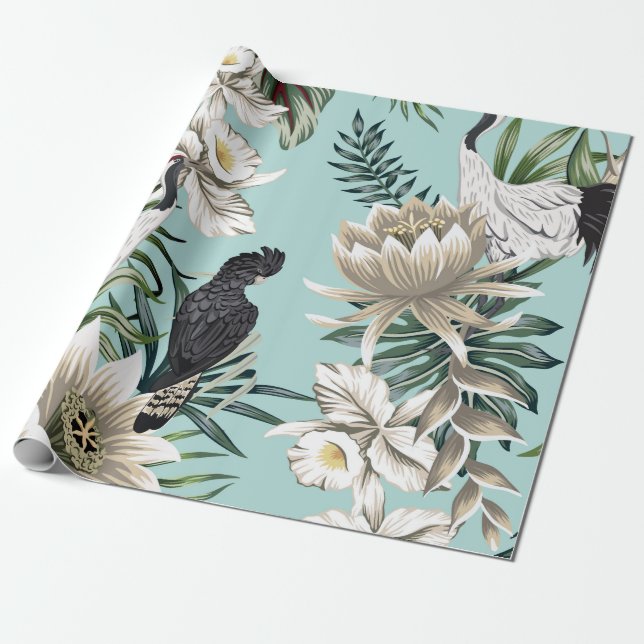 Tropischer Vintager Kran, Papagei, Lotusblume Geschenkpapier (Ungerollt)
