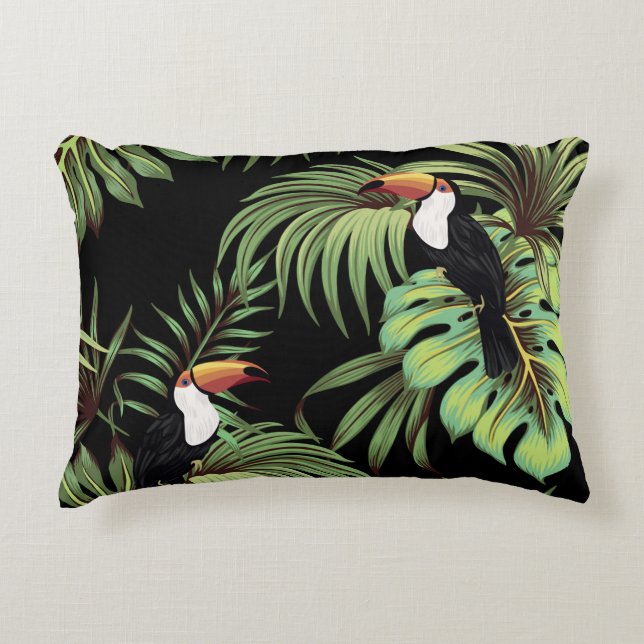 Tropischer Vintager Toukan, Palmen Blätter nahtlos Dekokissen (Vorderseite)