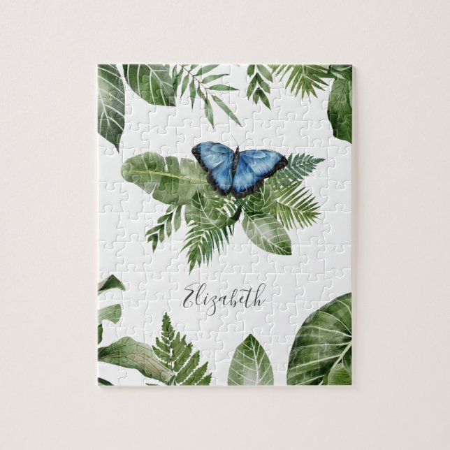 Tropischer Wald Blau Schmetterling Personalisierte Puzzle (Vertikal)