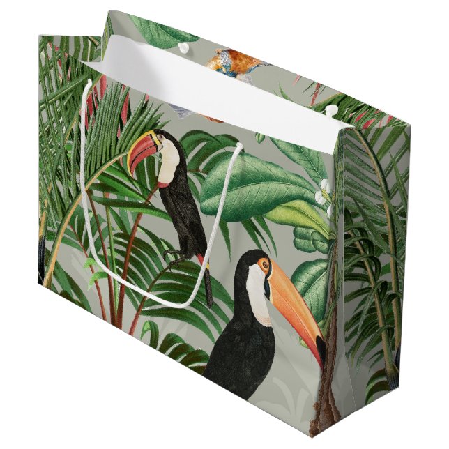 Tropischer Wald & Toucan Birds Große Geschenktüte (Vorderseite Schrägansicht)
