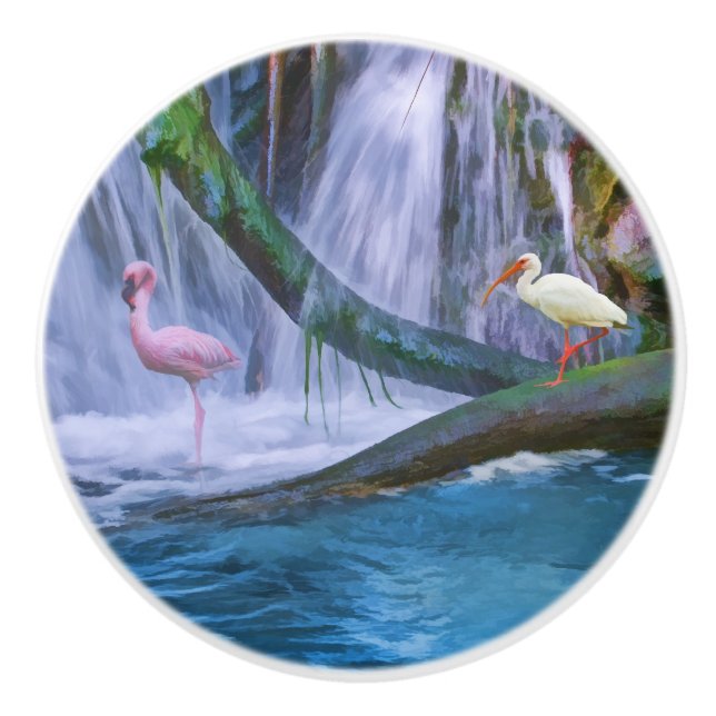 Tropischer Wasserfall, Flamingo und IBIS Keramikknauf (Vorderseite)