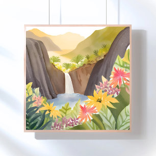 Tropischer Wasserfall   Florale Wasserfarbenlandsc Poster