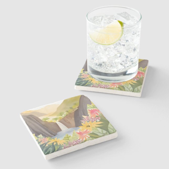 Tropischer Wasserfall | Florale Wasserfarbenlandsc Steinuntersetzer (Seitenansicht)