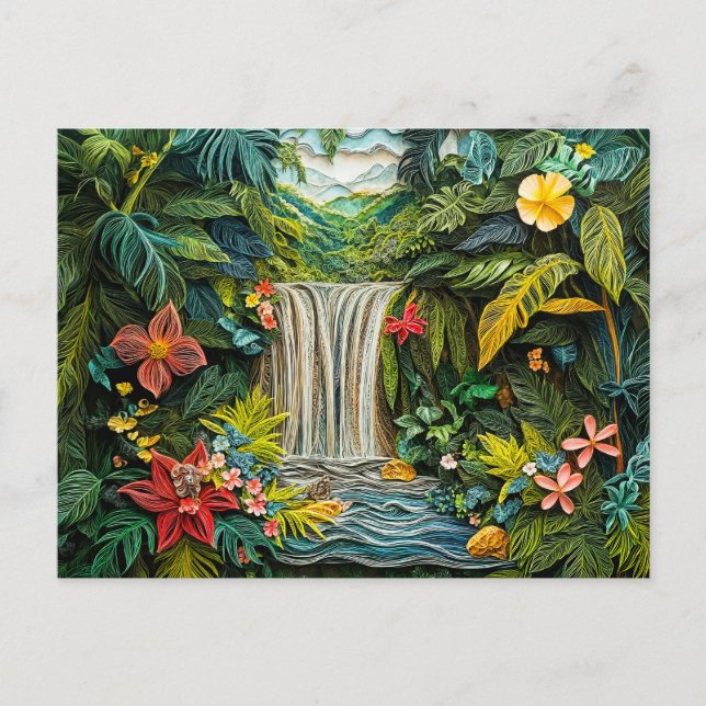 Tropischer Wasserfall im lebendigen Quilling-Stil Postkarte (Vorderseite)