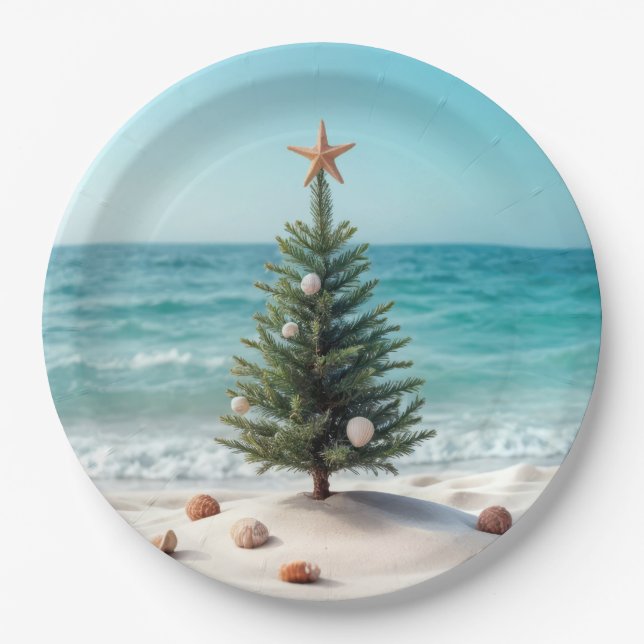 Tropischer Weihnachtsbaum am Strand Pappteller (Vorderseite)