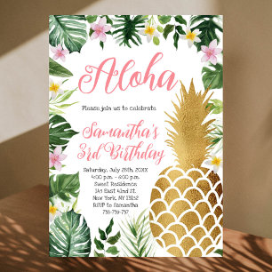 Tropisches Aloha Birthday Gold Ananas Einladung