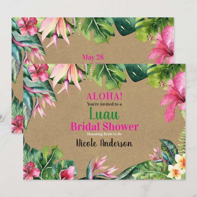 Tropisches Aloha Floral Luau Kraft Brautparty Einladung (Vorne/Hinten)