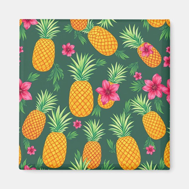 Tropisches Ananas-Hibiskus-Muster Magnet (Vorne)