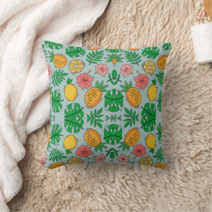 Tropisches Ananas-Limonen- und rosa Blumenmuster Kissen