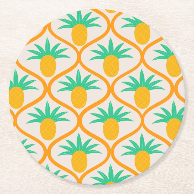 Tropisches Ananas-Muster auf Orangengee Runder Pappuntersetzer (Vorderseite)