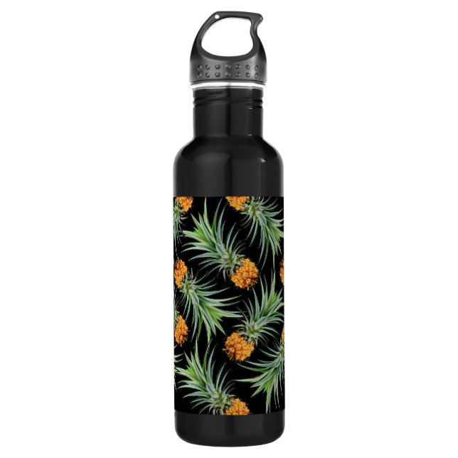 Tropisches Ananas-Muster auf schwarz Edelstahlflasche (Vorderseite)