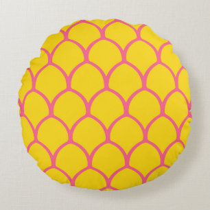 Tropisches Ananas-Muster in Rosa und Gelb Rundes Kissen