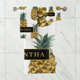 Tropisches Ananas-Muster mit Namen Badhandtuch Set