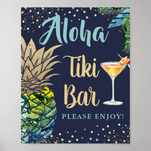 Tropisches Ananas Navy Blue Hawaii Tiki Bar Sign Poster